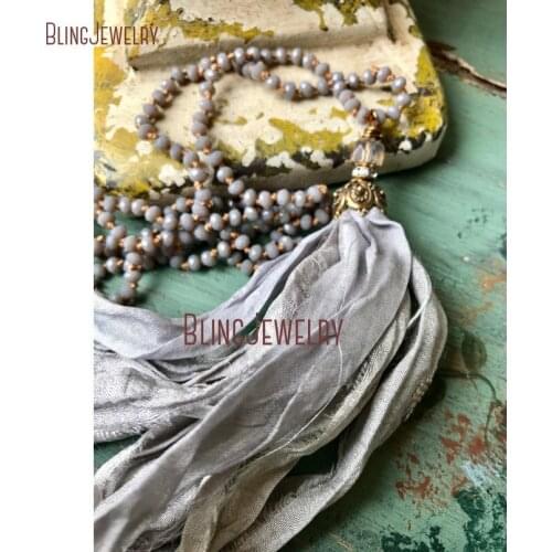 Gray Crystal Beads Rondelles Knot Beads Necklace Sari Silk Tassel Necklae Boho Glam Shabby Style Vintage Necklace NM11377