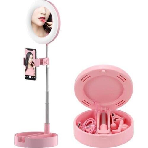 Folding 6'' LED Ring Light Tricolor Fill Light For Selfie Makeup Photography Video Live Stream Lamp Stand Mobile Phone Stand