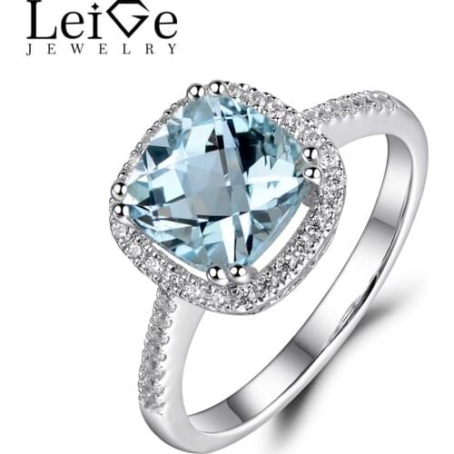 Leige Jewelry Natural Aquamarine Ring Cushion Cut Halo Wedding Engagement Rings for Women Silver 925 Blue Gemstone Fine Jewelry