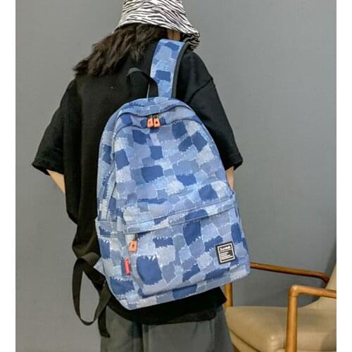 Blue Lattice Waterproof Tear-proof Nylon Backpack for Big Girl Boy Large Storage Capacity School Bag Dural Travel Wandering Bag