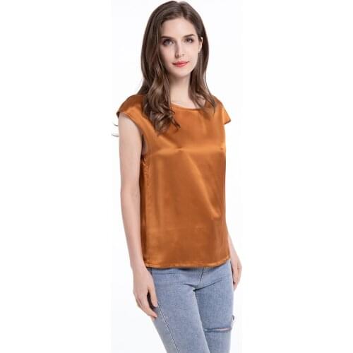 Women Blouse Classic Style Silk Short Sleeve Relaxed T-Shirt Summer Cool Comfy Charmeuse Silk Tops For Ladies