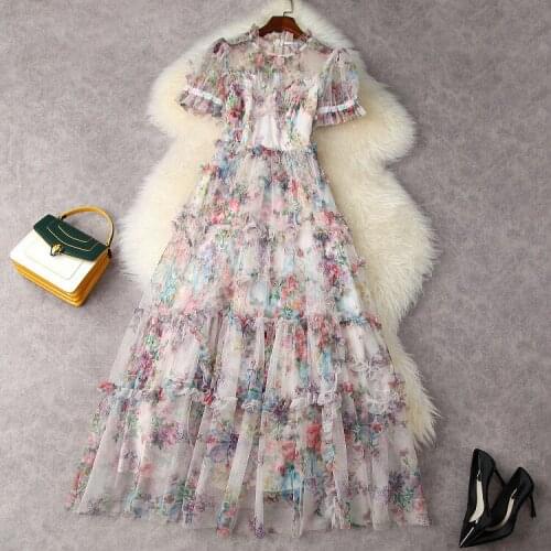 Europe and the United States womens clothing New Summer 2021 With short sleeves Fashion mesh print pleated dress