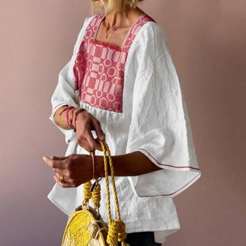 Female Chic Half Sleeve Casual Summer T-shirt Square Neck Comfy Retro Pattern Print Women Blouse Pullover Loose Top