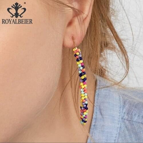 Royalbeier Women Multicolor Beads Exaggerated Curved Earrings Handmade Bohemian Irregular Dangle Earrings Girls Party Club Gift