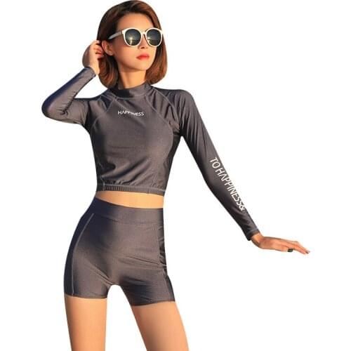 Women Swimsuit High Neck Crop Padded Top with Boyshort Bikini Set Two Piece Bathing Suit Long Sleeve Sun UV Protection Rashguard