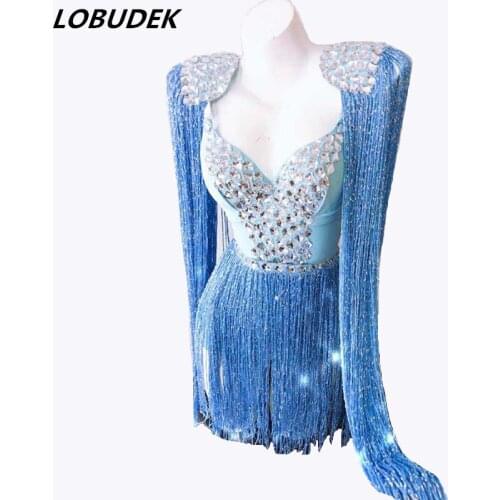 Women Sexy Play Costume Blue Pink Tassels Crystals Bodysuit Dress Dance Outfit Bar Nightclub Party Show Performance Stage Wear