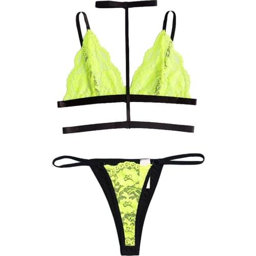 Women Fluorescent Nightwear, See-Through Lingerie, Floral Embroidery Hollow V-Neck Sling Bandage Bra with Sex Thong