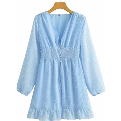 YENKYE Women Chiffon Cut Flowers Light Blue Summer Dress Female V Neck Long Sleeve A-lien Slim Ladies Dresses Short Vestido