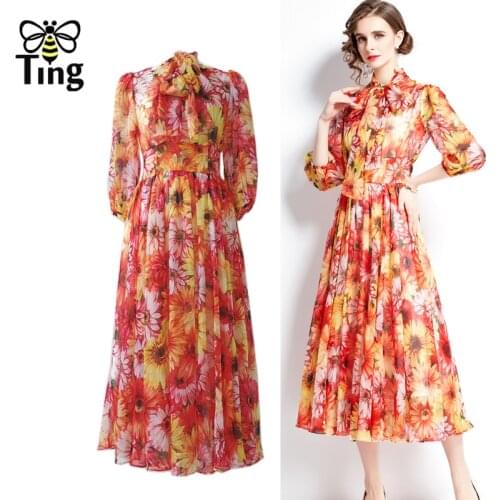 Tingfly Runway Designer Sunflower Aesthetic Midi Long Chiffon Dress Bowknot Collar High Waist Fashion Elbise Goblincore Robes Za