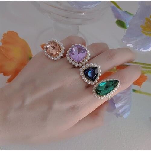 2020 New Fashion Vintage Imitation Pearls Geometry Rectangle Water Drop Crystal Rings for Women Girls Elegant Simple Jewelry