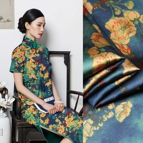 118CM Wide 19MM 93% Silk & 7% Spandex Brown Floral Print Blue Stretch Silk Satin Fabric for Summer Dress Clothes Cheongsam D964