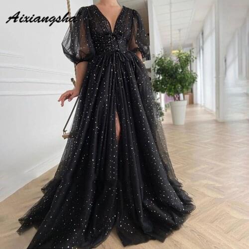 Aixiangsha Black Dreamy Star Evening Dresses V Neck Half Puffy Sleeve Slit With Bow Belt Graduation Gowns Formal Occasion