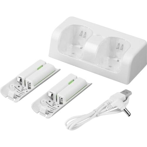 White High Capacity 2x 2800mAh Rechargeable Battery Pack with Dual Charger Dock Stand Station for Wii Remote Control