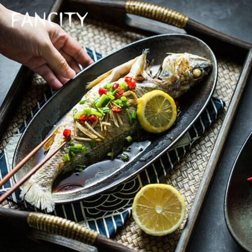 FANCITYJapanese Creative Retro Ceramic Tableware Large Kiln Glazed Frosted Oval Plate Steamed Fish Dish Dish Household Large