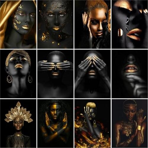 GATYZTORY Diy Paint By Number Black Gold African Woman Oil Painting On Canvas Wall Pictures For Living Room Modern Handmade gift
