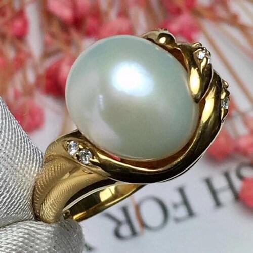 Pure 18K Yellow Gold 100% Nature diamonds and Japan Akoya Pearl 10.2mm Females' Fine Rings for Women Fine Jewelry