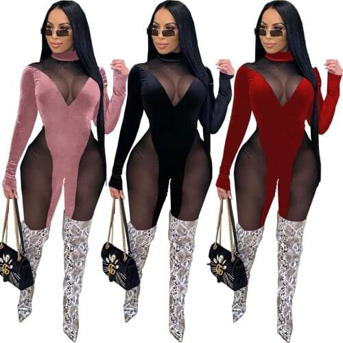 OMSJ Clubwear Sexy Mesh Patchwork Long-style Jumpsuit Velvet Overalls Turtleneck Long Sleeve Skinny Rompers Womens Jumpsuit 2020
