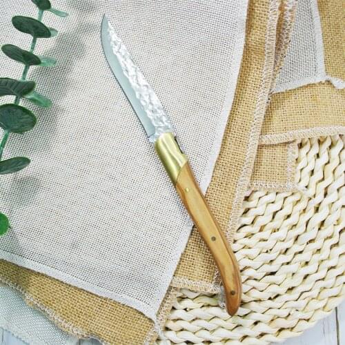 Laguiole Stainless Steel Steak Knives Set Japanese Table Knifes Olive Wood Polished Jaws and Hammered Blade Restaurant Cutlery