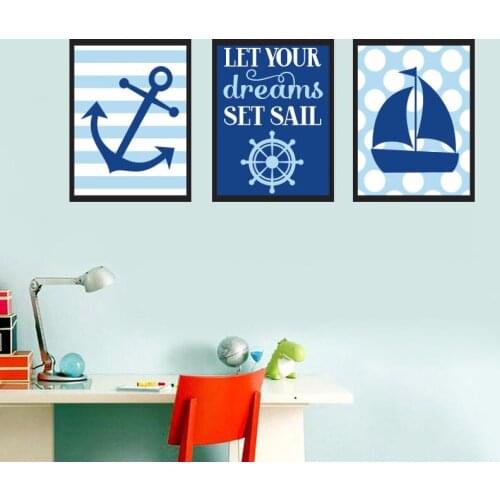 Nautical Sailboat Anchor Nursery Canvas Painting Dream Blue Wall Art Poster Print Pictures for Kids Bedroom Home Decor No Frame