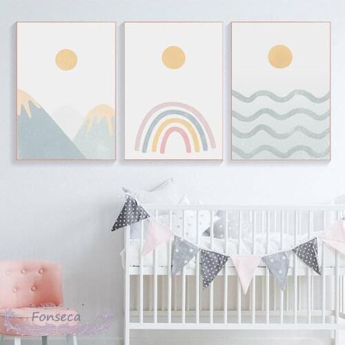 Cartoon Sun Waves Rainbow Mountain Poster and Prints Nordic Nursery Canvas Painting Wall Art Pictures for Baby Room Decor