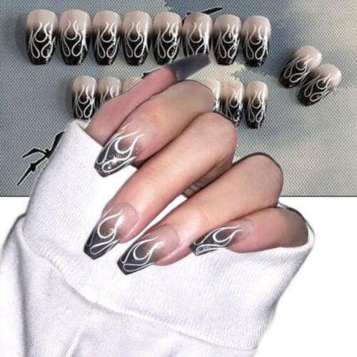 24PCS Fake Nails with Glue Rhinestones Long Detachable French Stick on Nails Coffin Flame Press on Nails Art DIY Manicure Tool