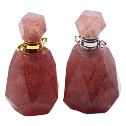 Natural Strawberry crystal perfume bottle pendant gems stone essential oils diffuser pink quartz vial for necklace making