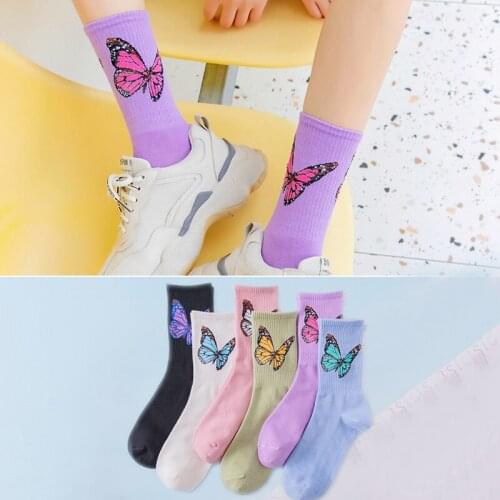 New Cartoon Butterfly Print Socks Women Fashion Streetwear Cotton Socks Autumn Girls Harajuku Middle Tube Socks