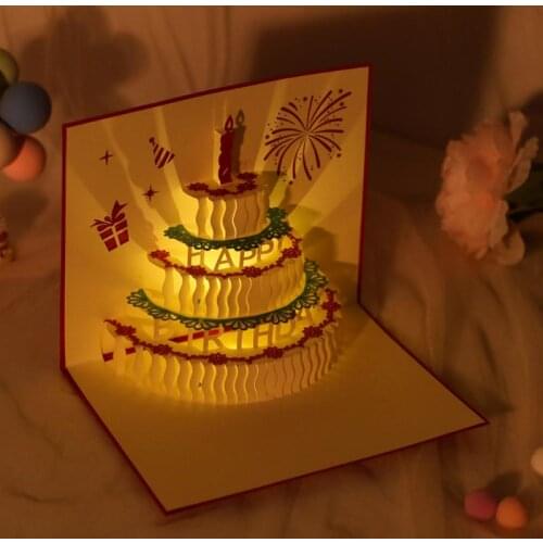 New 3D Pop Up Greeting Cards Music Birthday Candle Cake Creative 3D Stereo Blessing Card Handmade Greeting Birthday Card