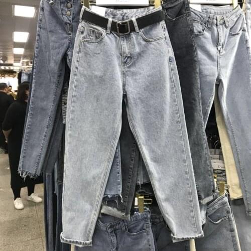 Spring and autumn new Hong Kong-flavored nine-point jeans female loose-fitting students high waist thin broad legs straigh pants