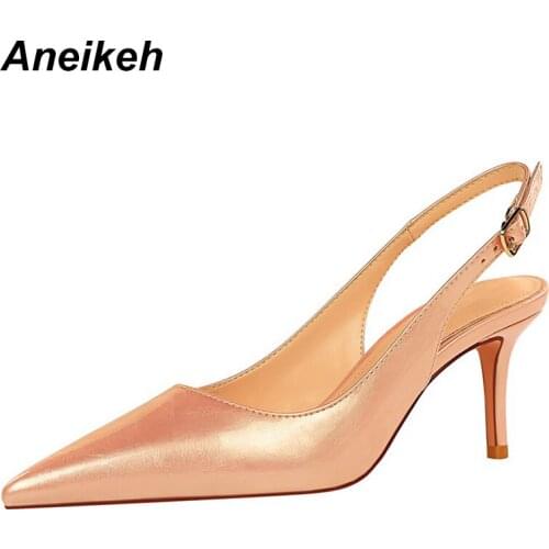 Aneikeh NEW Spring Fashion PU Womens Pumps 2021 Sexy Thin Heels Pointed Toe Slingbacks Buckle Ladies Shoes Botines Mujer 34-43