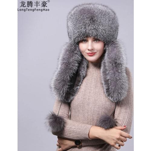 Womens fur hat natural raccoon fox fur Russian hat winter thick warm ears fashion bomber hat black new listing