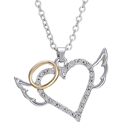 Pendant Necklace for Women Crystal Jewelry Angel Wings Love Heart Chain Necklace Girl Fashion Jewelry Gift