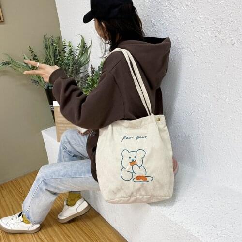 2021 Women Casual Corduroy Shoulder Bag Cartoon Bear Print Bucket Bags Female Daily Shopping Bags Solid Girls Cute Book Bags