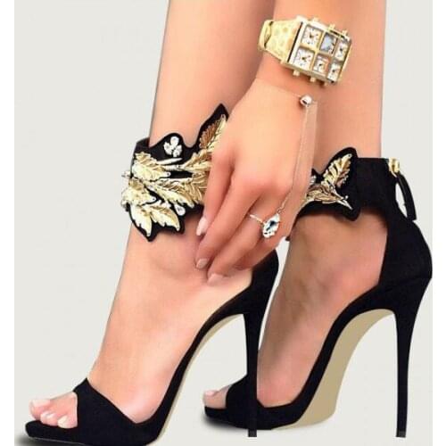 Luxury Gold Metallic Leaf Women Sandals Black Suede Leather Women High Stiletto Heels Banquet Dress Shoes Plus Size 10 Customize