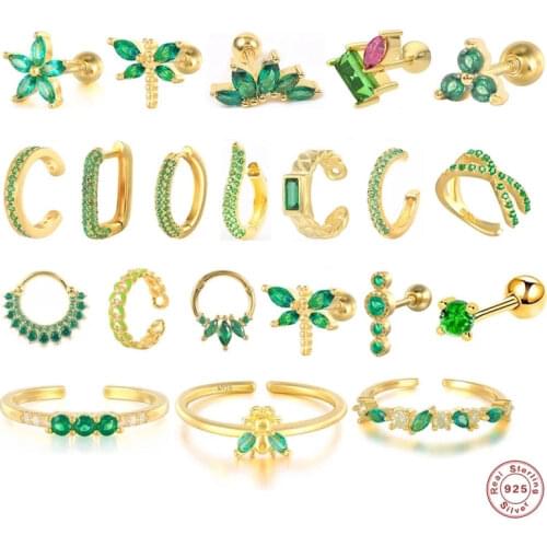 Aide 925 Sterling Silver Green Zircon Series Dragonfly Flower Stud Earrings Crystal Necklace Rings Piercing Cartilage Ear Studs