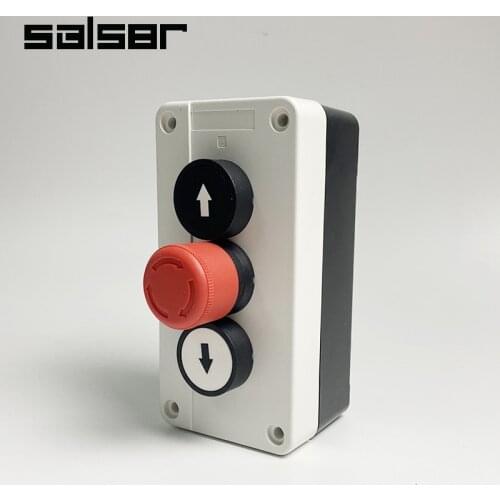 UP/DOWN Arrows With Emergency Stop 3P Hoist Roller Door Lorry Tail Lift Double Insulated 2 N/O Contacts Push Button Switch Box