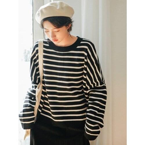 Korean Loose Stripe Sweater Women Long Sleeve Round Collar Jumper Top Female Students Autumn Winter Bottoming Pullovers H9419