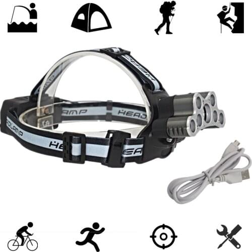 Tactical Headlamp 7 LED T6/Q5 Headlight USB Rechargeable Head Lamp Camping Light Fishing Flashlight with USB Charger