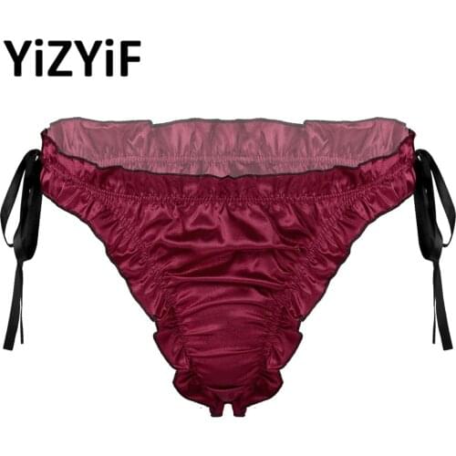 Men Sexy Low Rise Briefs Ruffles Satin Briefs Sissy Lace-up Pleated Trim Underpants Male Underwear for Wedding Honeymoon Gift