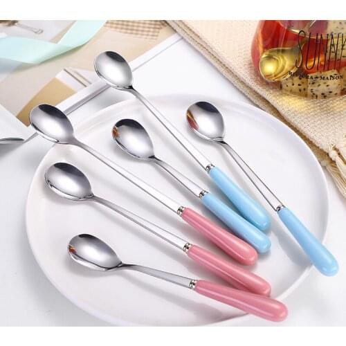 Creative stainless steel tea spoon ceramic handle ice spoon long handle mixing spoon mug candy color coffee spoon scoop gift