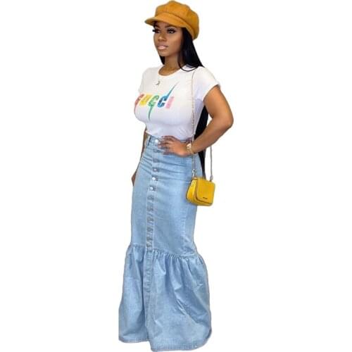 New Fashion BUD Splicing Jeans Skirt Women with Buttons Denim Floor-length Long Skirt High Waist Party Club Clothing Streetwear