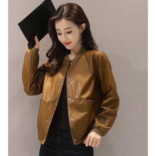 Casual Short Leather Jacket Women Autumn Korean Version Of The Large Size Stand-up Collar PU Leather Jacket Female Fashion Top