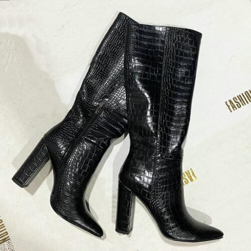 Band Designer Faux Leather Women Knee High Boots Pointed Toe Boots Women Long Chunky Block High Heel Boots Black Apricot Brown
