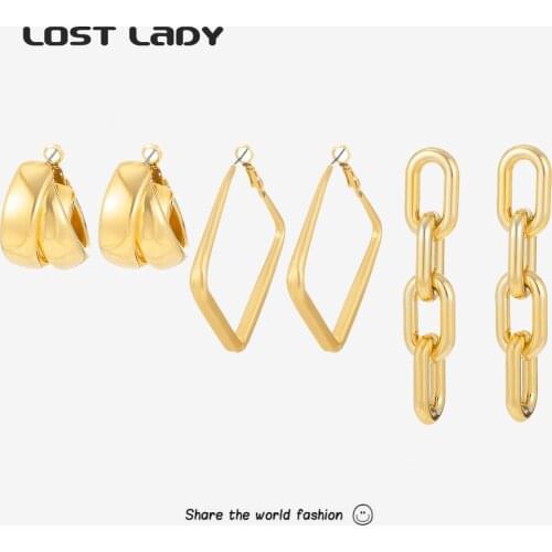 Lost Lady Link Chain Hoop Huggies Earrings Long Earrings for Women Girls Fashion Heometric Gold Color Alloy Jewelry Party Gifts
