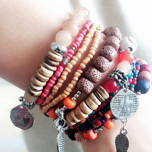 Bohemia Bracelet For Women Multilayer Beads Eiffel Tower Pendant Bangle Ethnic Charm Beaded Chain Bracelets Jewelry Accessories
