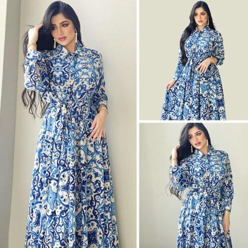 Dubai Elegant Muslim Women Long Dress Islamic Floral Print Front Buttons Arabic Indonesia Ethnic Robe Gown Long Sleeve Abaya New