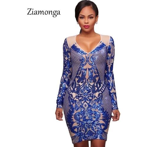 Ziamonga Autumn Winter Long Sleeve Women Dress Sexy Sequined Patchwork Bandage Dress Mini Party Pencil Bodycon Dress Sequined