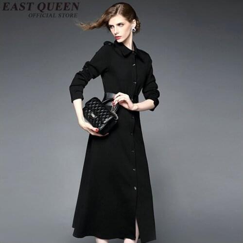 Nice new sexy turn down collar dress Solid color fabric mid calf dresses Elegant black long sleeve dress KK1133