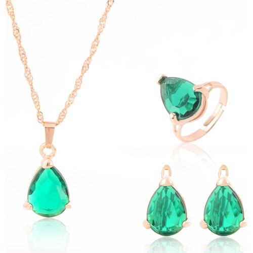 ZOSHI gold color Water Drop Wedding Jewelry Sets Green AAA Zircon Engagement Drop Earring + Pendant Necklace +Ring fashion