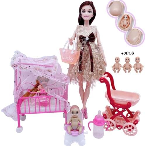 2020 Fashion 11.5"/30CM Barbies doll furniture for pregnant women+dress+baby stroller+crib accessories children girls toys gifts